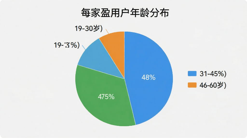 饼状图,标题为“每家盈用户年龄分布”,图中显示19-30岁占35%,31-45岁占48%,46-60岁占17%,颜色区分明显,配以简单图例,背景为浅色,风格现代简洁,画质干净