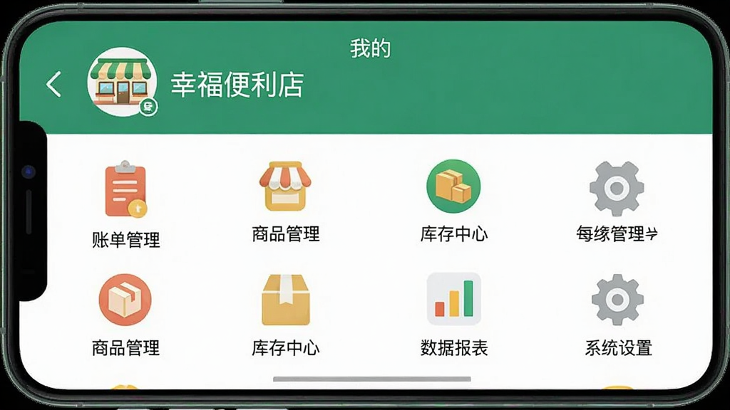 一张手机截图风格的图片,显示“每家盈”APP的“我的”页面,页面顶部是店铺头像和店铺名称“幸福便利店”,下面排列着“账单管理”、“商品管理”、“库存中心”、“数据报表”、“系统设置”等菜单图标,每个图标下方有文字说明,整体风格简洁,色彩搭配协调,画质清晰