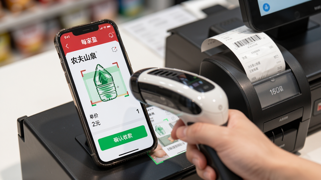 收银台场景中,一只手拿着扫码枪对着手机屏幕上的“每家盈”APP扫描商品条码,手机画面显示商品名称“农夫山泉”、单价“2元”、数量“1”,下方有“确认收款”绿色按钮,旁边放着小票打印机,画面构图清晰,风格写实,突出扫码收银动作,画质干净无多余元素