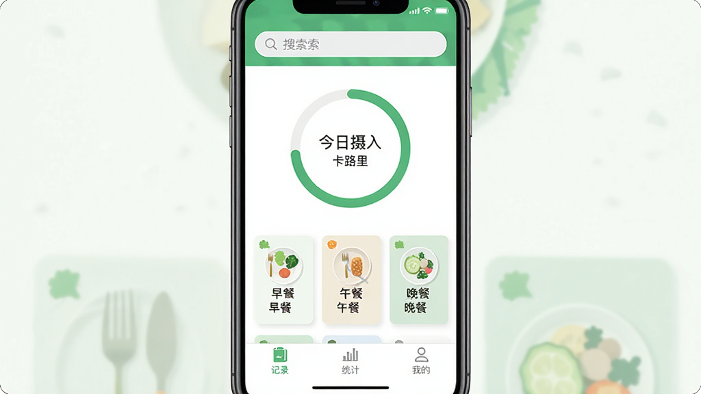 ��ʳ��Ӧ�������棬�ֻ���Ļչʾʳ���¼ҳ�棬�������������м��ǽ�������Ŀ�·��Բ�����ȣ���������͡���͡����͵ķ��࿨Ƭ���ײ��ǡ���¼������ͳ�ơ������ҵġ�����ѡ������岼�ּ�࣬����ɫΪ��ɫ����ͼ���ƽ���������������޶���Ԫ�ء�