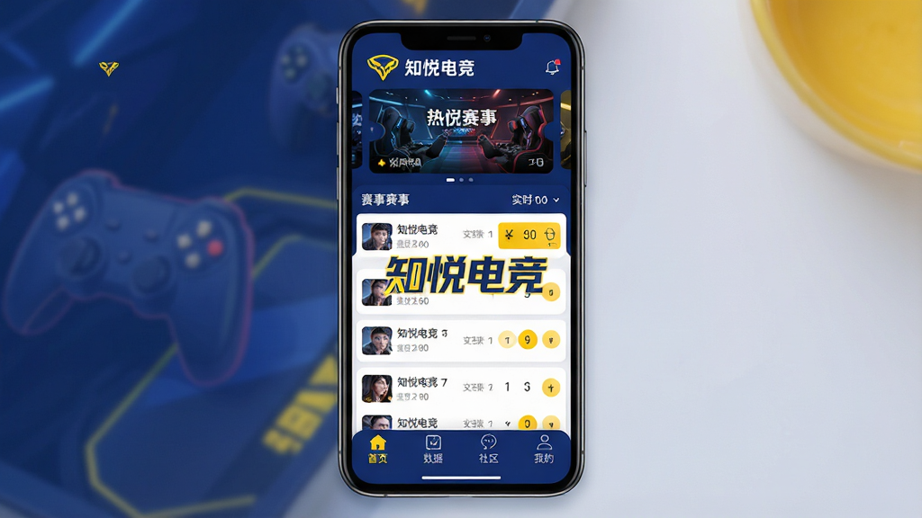 һ��չʾ�ֻ�����ĸ���ͼƬ�������ǡ�֪�õ羺��APP�������棬�����������Ϸ���ʾ���������ֲ�ͼ���м��������б���ʵʱ�ȷ֣��ײ�����������ҳ�����ݡ��������ҵ��ĸ�ѡ����Ű����ִ�������ƽ����������ɫ������ɫΪ��ɫ����ϸ��Բ�󣬻��ʸɾ��޶���Ԫ�أ���Ļ�����С�֪�õ羺������