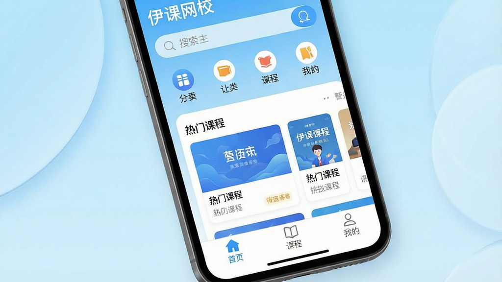 一张手机屏幕特写,画面中央显示“伊课网校”App主界面,背景是干净明亮的浅蓝色渐变,界面布局清晰,顶部有搜索栏和分类图标,中间是“热门课程”推荐卡片,底部是“首页”、“课程”、“我的”选项卡,整体风格扁平化,现代感强,画质干净无多余元素。