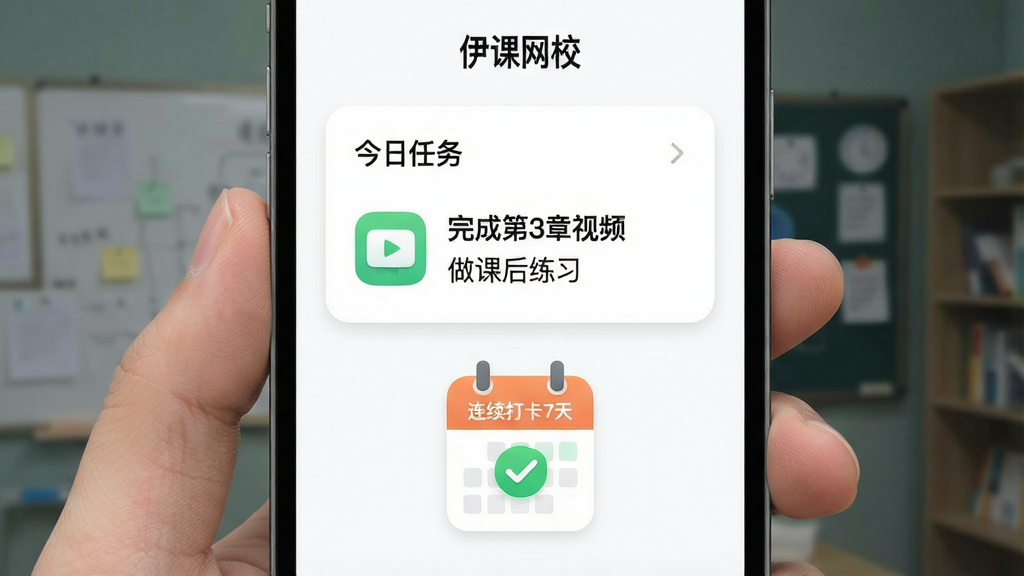 一幅展示“伊课网校”学习计划功能的手机截图,画面中央是今日任务卡片,显示“完成第3章视频”、“做课后练习”,卡片下方是连续打卡7天的日历图标,用绿色对勾标记,整体背景为白色,设计简洁,图标圆润,画质干净。