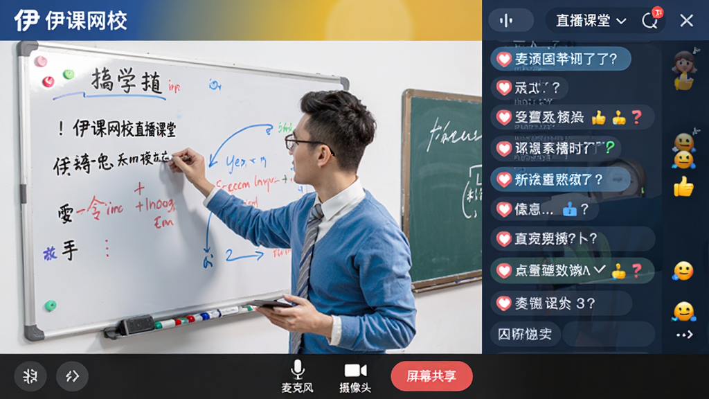 一张“伊课网校”直播课堂的电脑端截图,画面左侧是老师正在板书的教学白板,右侧是学生互动聊天区,聊天区显示各种提问和点赞表情,屏幕下方有“麦克风”、“摄像头”、“屏幕共享”工具栏,整体画面生动活泼,色彩明亮,画质清晰。