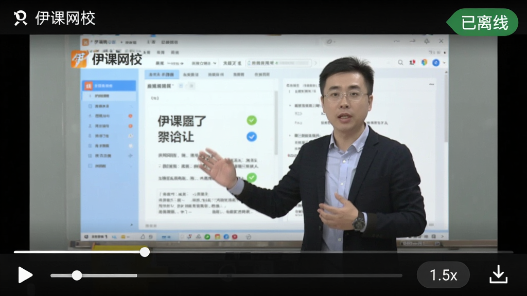 一张手机竖屏截图,画面显示“伊课网校”的视频播放界面,视频内容为老师讲解PPT,播放器底部有进度条、倍速选择按钮(显示1.5x)和下载箭头图标,右上角有“已离线”绿色小标签,背景为深色播放器主题,画质高清。