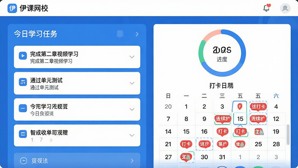 一张“伊课网校”智能学习计划页面截图,画面左侧是今日学习任务列表,包含“完成第二章视频学习”、“通过单元测试”等条目,右侧是学习进度环形图和打卡日历,日历上标有连续打卡的红色标记,整体UI设计现代,蓝色主题色,布局清晰,画质干净。