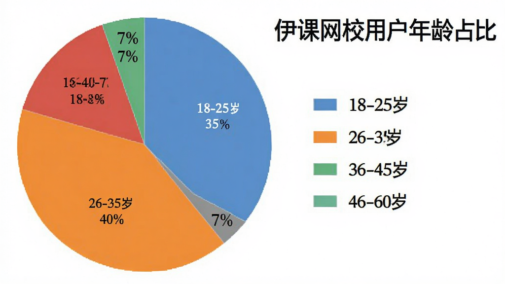 一张饼状图,展示“伊课网校”用户年龄分布,分为18-25岁(35%)、26-35岁(40%)、36-45岁(18%)、46-60岁(7%)四段,每段用不同颜色区分,图例在右侧,标题为“伊课网校用户年龄占比”,整体图表清晰,色彩和谐,背景白色。