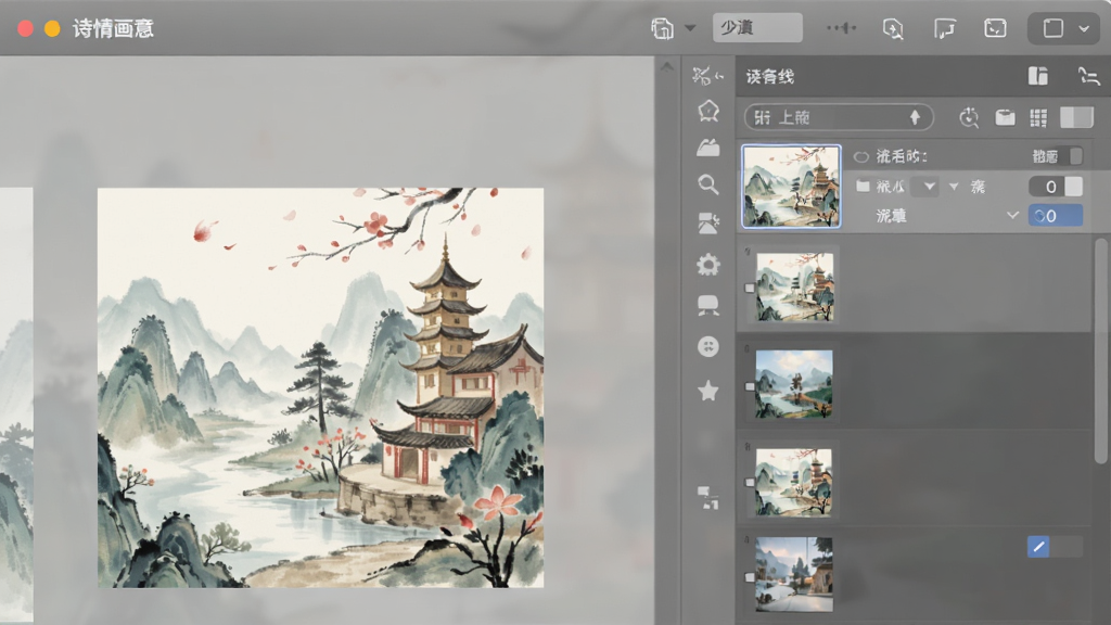 展示“诗情画意”软件图层编辑界面的截图,主体是画布上一个带有多个半透明图层的侧边栏,布局为左右分栏,排版简洁,风格现代,细节包括图层缩略图和混合模式选项,画质干净无多余元素