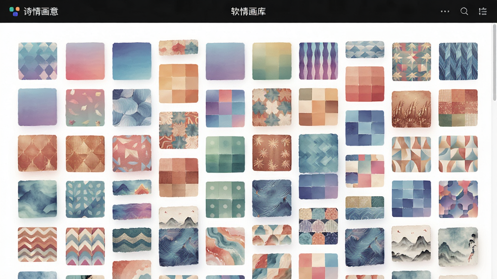 展示“诗情画意”软件素材库的界面,主体是各种渐变色的方块和图案缩略图整齐排列,布局为瀑布流,排版错落有致,风格简约时尚,细节包括素材的丰富色彩和细腻纹理,画质干净无多余元素