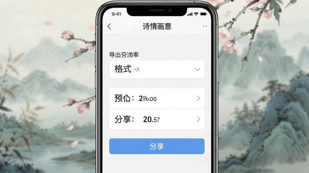 展示“诗情画意”软件导出设置界面,主体是一部手机屏幕,上面显示导出分辨率和格式选项,布局居中,排版清晰,风格实用,细节包括文件大小预估和分享按钮,画质干净无多余元素