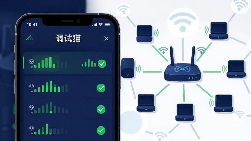 ͼƬ����Ϊ�ֻ���Ļչʾ������è��������ɨ�����б��������ǳ���ļ�ͥWiFi��������ͼ�����ֲ������ҷָͼ����벿��Ϊ�Ŵ���ֻ����棬�Ұ벿��Ϊ·���������豸���ӵ�ʾ��ͼ���Ű������в�Σ����Ϊ�ִ��Ƽ��в廭��ϸ�ڰ����ź�ǿ������ͼ����ɫ�Թ���ʶ�����ʸɾ��޶���Ԫ�أ���ɫ��Ϊ������ӫ���̡�