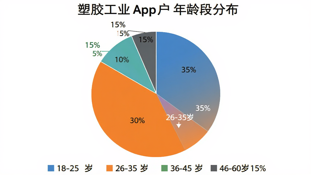 һ����״ͼ����ʾ���ܽ���ҵ��App�û�����ηֲ���18-25��ռ10%��26-35��ռ35%��36-45��ռ40%��46-60��ռ15%��ͼ���·���ͼ���Ͱٷֱȱ�ע������Ϊ��ɫ�������������࣬���ʸ��壬�ɾ��޶���Ԫ�ء�
