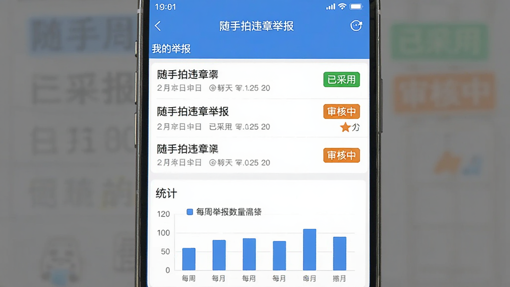 �ֻ�APP��������Υ�¾ٱ����ġ��ҵľٱ����б�ҳ�棬ҳ�����м����ٱ���¼��ÿ����¼�Ҳ�����ɫ���Ѳ��á����ɫ������С��ı�ǩ��ҳ��ײ���һ����ͳ�ơ���������״ͼ��ʾÿ�ܾٱ�����������UI��Ƽ��������������ɫ�����ʸɾ���