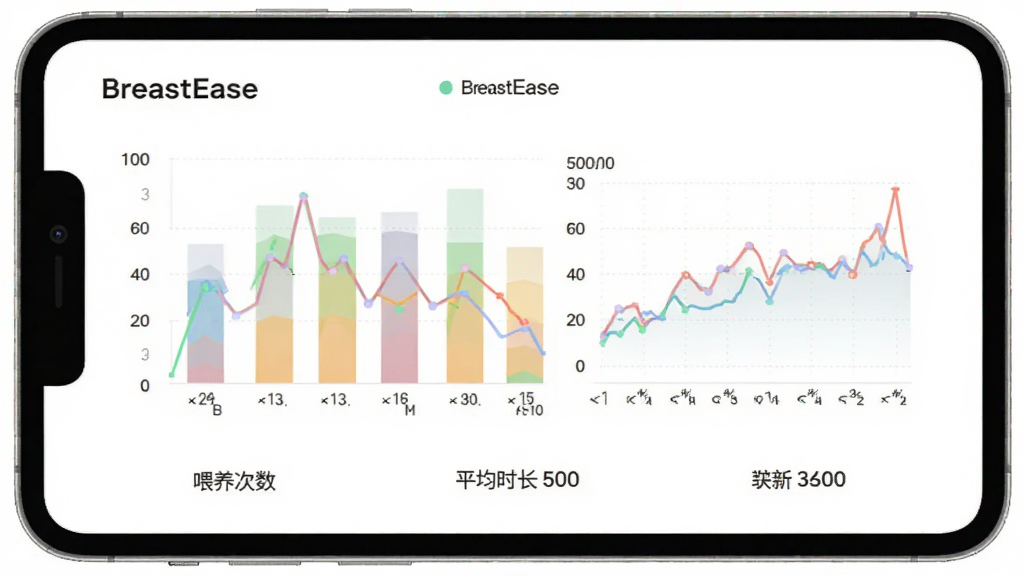 BreastEase 应用的数据统计页面,屏幕上显示彩色柱状图和折线图,图表下方有喂养次数、平均时长等文字标签,背景干净整洁,图表为主,排版清晰,风格简约现代,细节包括清晰的刻度线和柔和的数据颜色区分,画质干净无多余元素