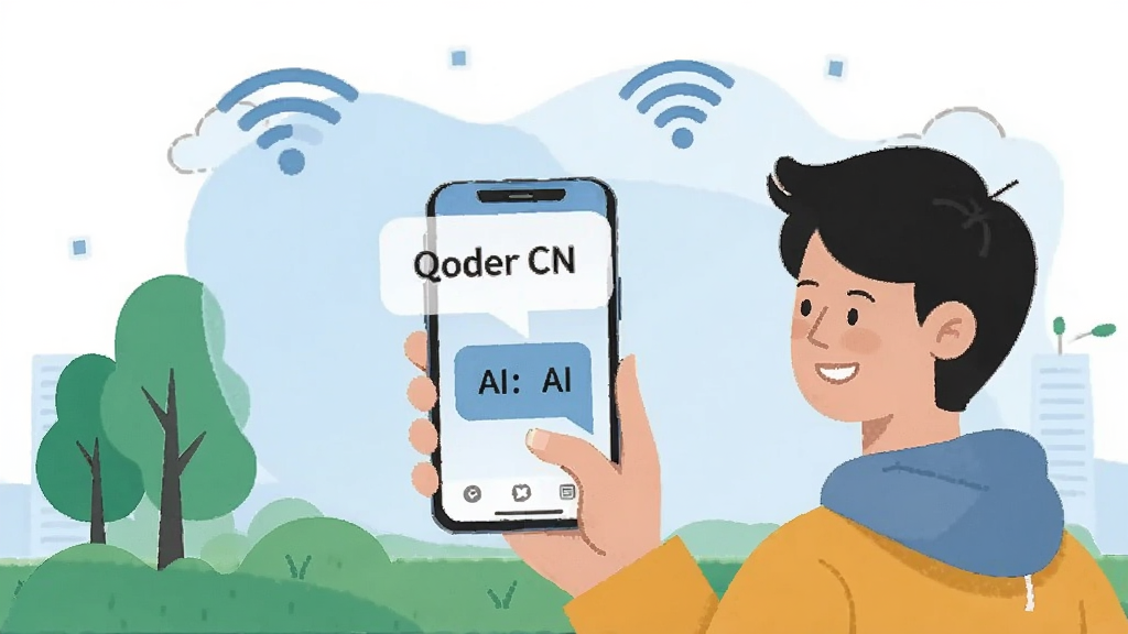 һ��չʾQoder CNʹ�ó����Ĳ廭���������û������ֻ��ڻ���ʹ���������ʣ��ֻ���Ļ��ʾAI�ظ����ݣ�������Wi-Fiͼ����ƶ���ţ�������������ƽ�����ɫ�����£����ʸɾ��޶���Ԫ�ء�