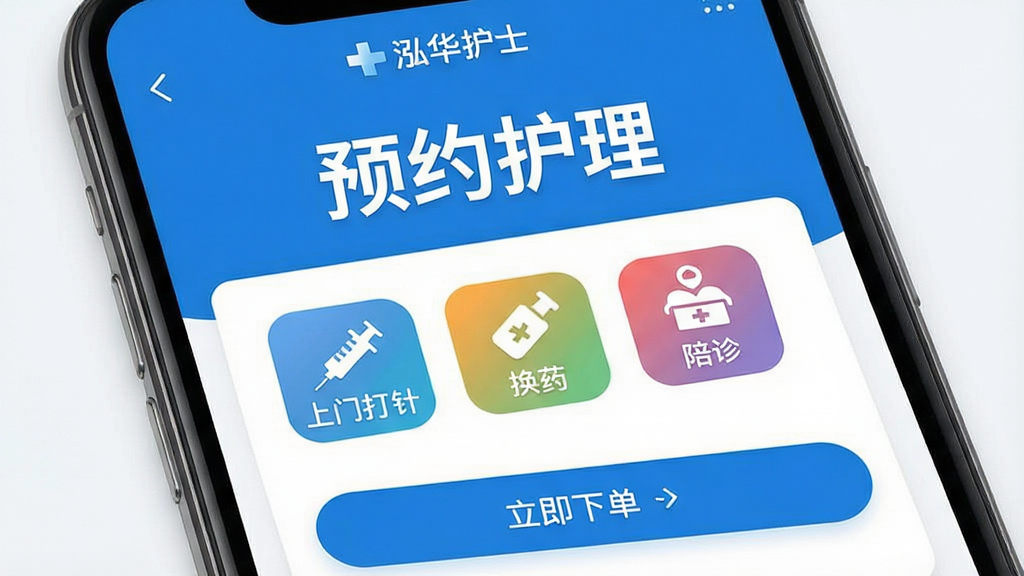 一张手机屏幕展示“泓华护士”App主界面,界面以蓝白为主色调,顶部显示“预约护理”醒目字样,中间有“上门打针”、“换药”、“陪诊”等彩色功能图标,下方有“立即下单”按钮。整体风格现代简洁,扁平化设计,细节精致,画面干净,无多余元素,高清画质。