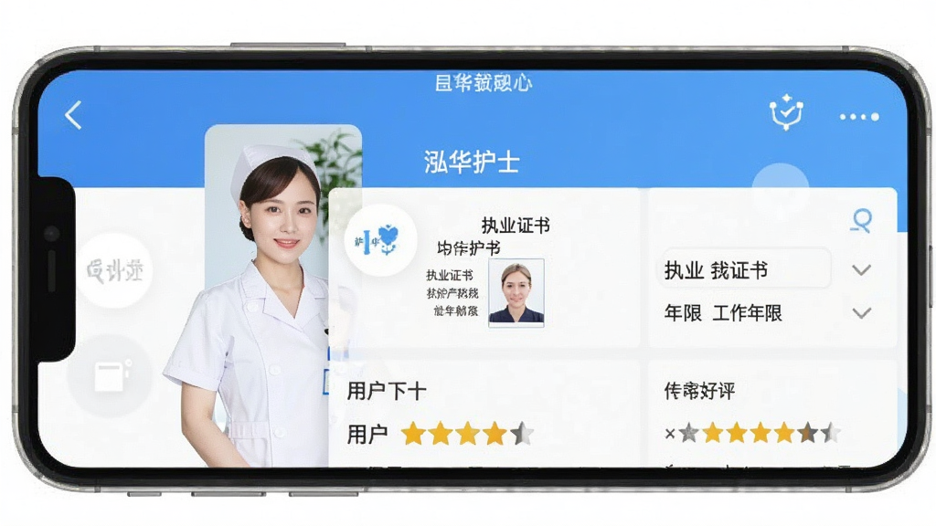 一张展示“泓华护士”App护士详情页的截图,页面显示护士的真人头像、姓名、执业证书照片、工作年限和用户好评星标。界面布局清晰,信息层级分明,蓝白配色,扁平化风格,画质干净,无多余元素。