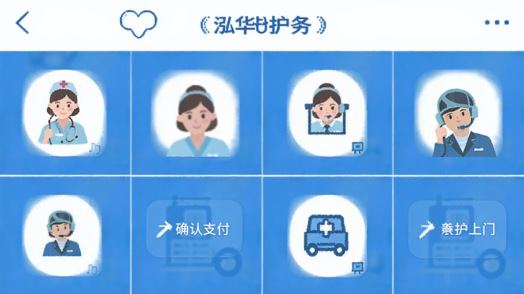 一张“泓华护士”App下单流程的截图,分为四步:选择服务、选择护士、确认支付、护士上门。每一步都有清晰的图标和文字说明,整体布局整齐,蓝白配色,扁平化设计,画质干净,无多余元素。