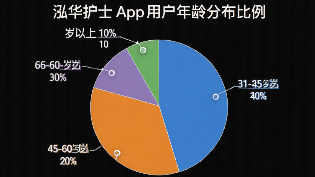 一张饼状图展示“泓华护士”App用户年龄分布比例,18-30岁占30%,31-45岁占40%,46-60岁占20%,60岁以上占10%。图表清晰,配色美观,背景简洁,画质干净,无多余元素。
