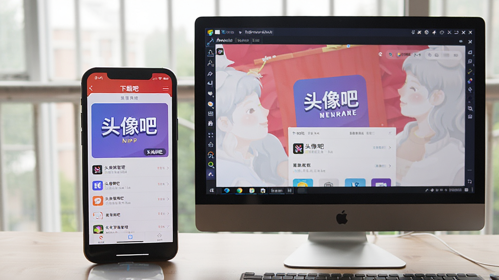 一张手机和电脑并排摆放的图片,手机屏幕上是“头像吧”APP的下载管理页面,电脑屏幕上是安卓模拟器运行“头像吧”的界面,整体风格写实,光线明亮,画质清晰。