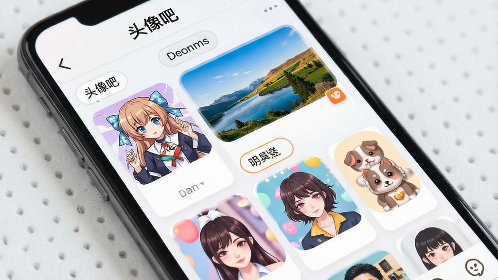 一张手机屏幕的正面特写,屏幕上显示着“头像吧”APP的界面,界面布局为瀑布流,展示各种风格的头像图片,包括动漫、风景、萌宠、明星等分类标签,整体风格简约现代,色彩明快,画质高清,干净无多余元素。