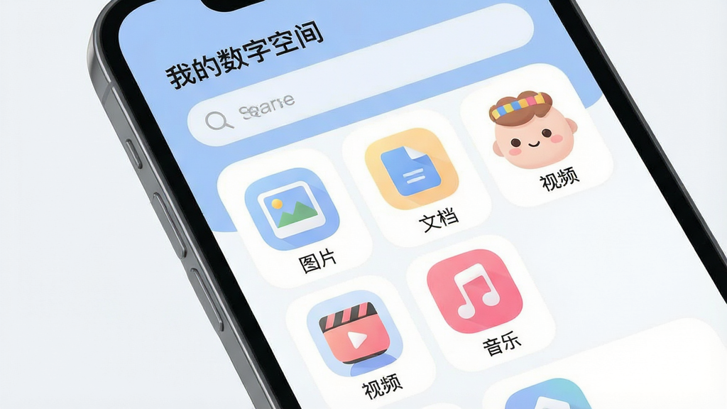 һ�������ֻ���Ļ����д����Ļ����ʾ��Ϊ���ҵ����ֿռ䡱��APP�����棬������ÿ�Ƭʽ���֣�ɫ�����������Ϊ�������������������·����������š�ͼƬ�������ĵ���������Ƶ���������֡��ȷ���ͼ�꣬ͼ��Բ��ɰ��������ɾ���࣬�������ִ���ƽ�����ʸ��壬�޶���Ԫ�ء�