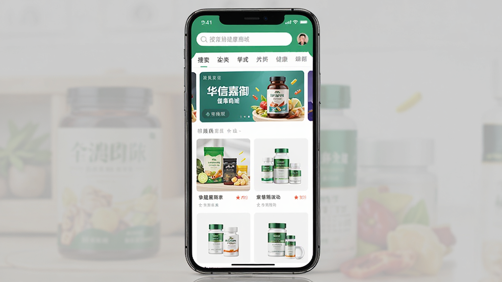 图片居中展示华信嘉御健康商城APP的完整界面全貌,主体为一部智能手机屏幕特写,屏幕上清晰显示APP首页布局,上方是搜索栏和分类导航,中间是滚动横幅广告,下方是商品瀑布流,商品图片均为健康食品和保健品,整体排版干净整洁,风格现代简约,细节丰富,画质高清,干净无多余元素。