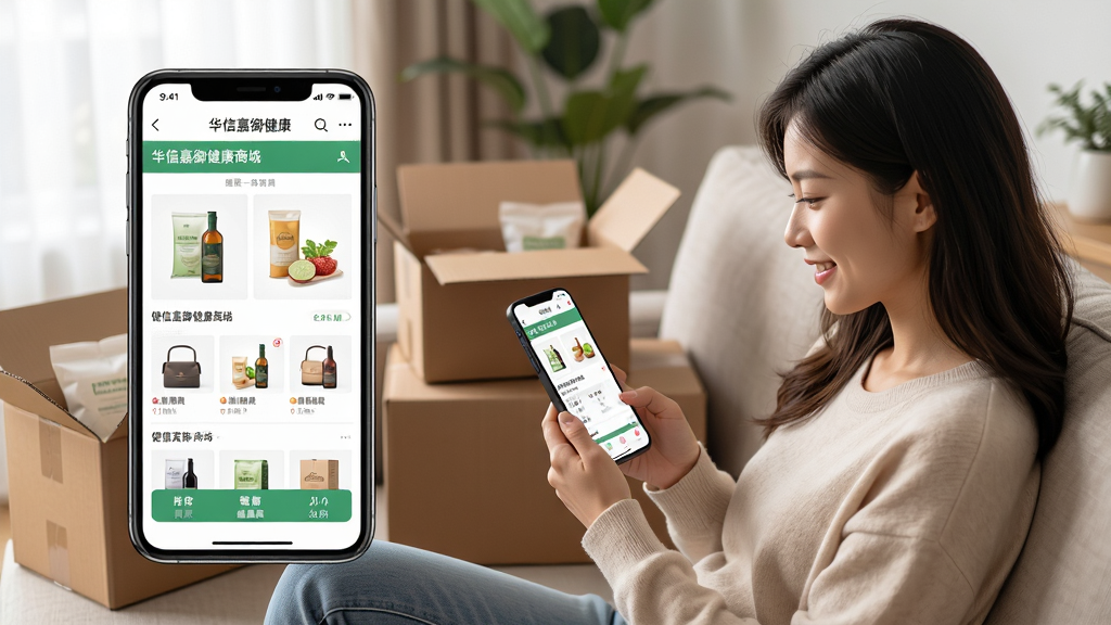 一张展示华信嘉御健康商城APP使用场景的图片,主体为一位年轻女性正坐在沙发上用手机浏览商品,手机屏幕放大显示华信嘉御健康商城的商品详情页,周围摆放着刚收到的健康食品快递箱,画面温馨自然,布局合理,风格生活化,细节丰富,画质清晰,干净无多余元素。
