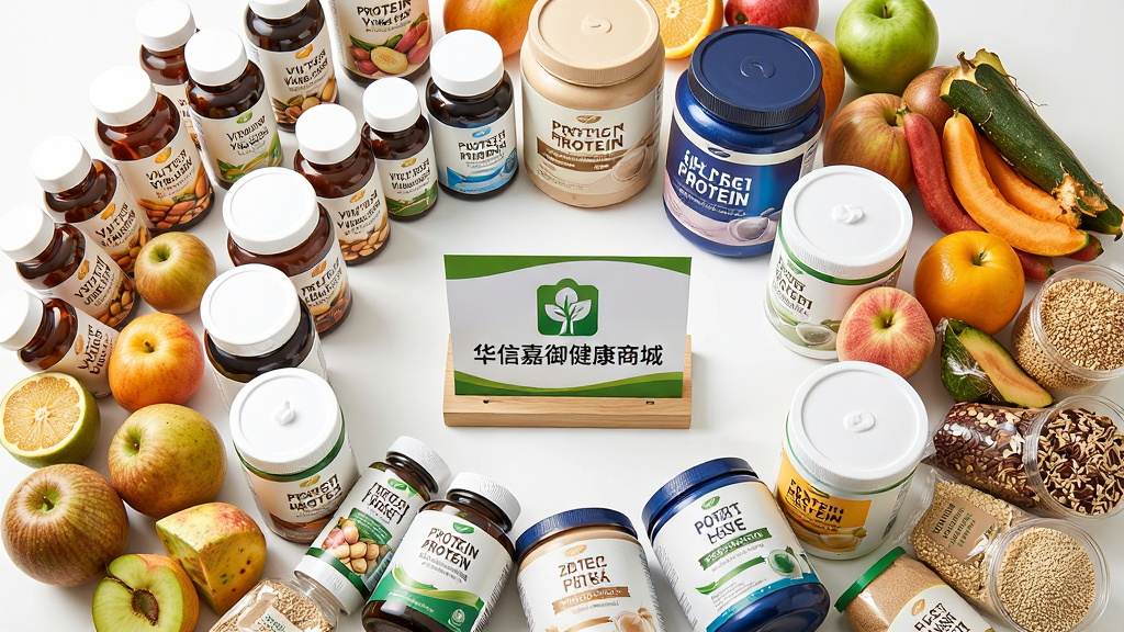 一张展示华信嘉御健康商城商品多样性的图片,主体为俯拍视角下的大量健康商品整齐排列成环形,包括瓶装维生素、罐装蛋白粉、新鲜水果、五谷杂粮等,商品中央放置一个带有
