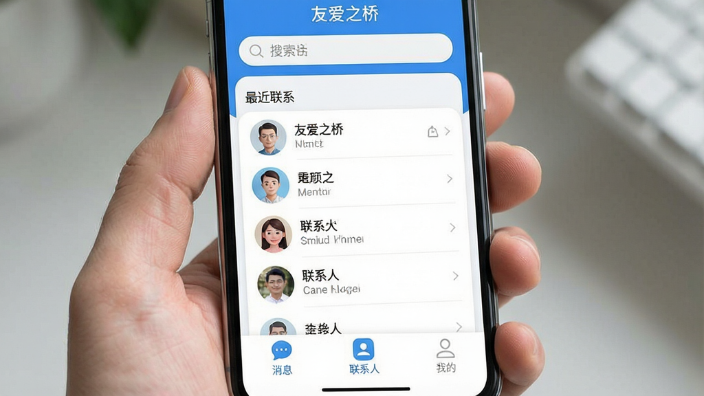 һ��չʾ�����ֻ���Ļ��ͼƬ����Ļ����ʾ���Ѱ�֮�š�App�������棬����������ˬ��������Ϊ��ɫ�������������������м��������ϵ���б����ײ��С���Ϣ��������ϵ�ˡ������ҵġ�����ѡ������岼��������ͼ��Բ�󣬻��ʸɾ����޶���Ԫ�ء�