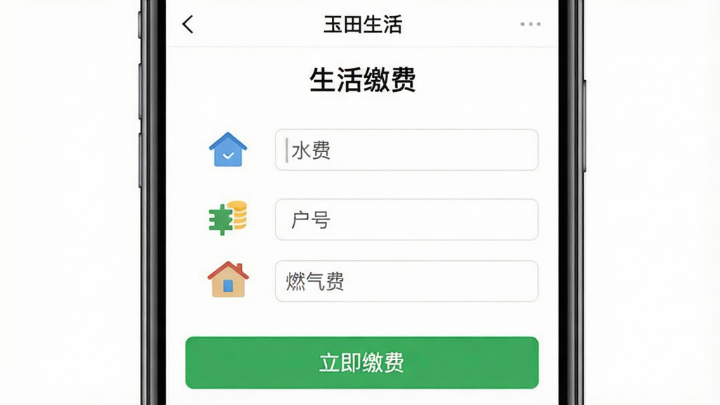 �ֻ���ͼչʾ���������APP�Ľɷ�ҳ�棬ҳ�涥���С�����ɷѡ����⣬�������ˮ�ѡ���ѡ�ȼ��������ѡ��ͼ�꣬ÿ��ͼ���������뻧�ŵĿ�����ҳ��ײ��С������ɷѡ���ɫ��ť������Ϊ����ɫ��UI�������������ƽ����ƣ����ʸɾ��޶���Ԫ��
