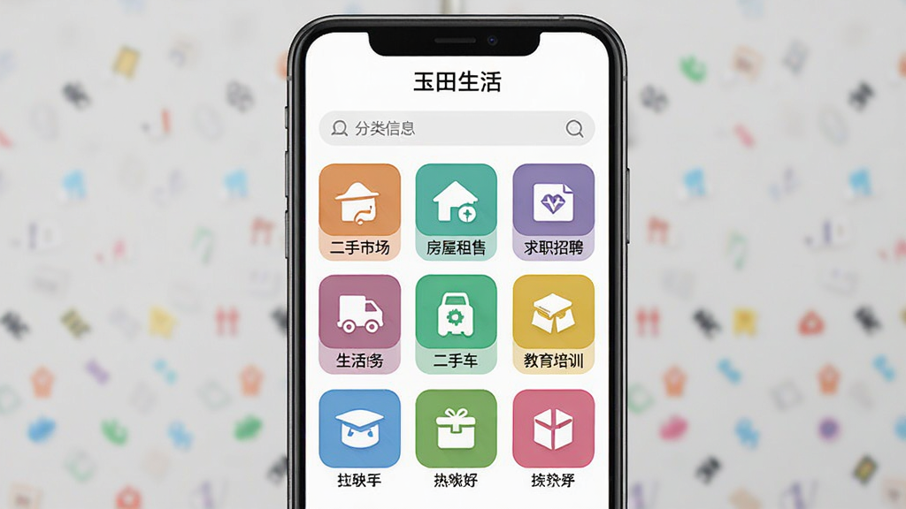 �ֻ�����չʾ���������APP�ġ�������Ϣ��ҳ�棬�������������·��ǾŹ���ͼ�����У������г����������ۡ���ְ��Ƹ��������񡢶��ֳ���������ѵ�ȣ�ÿ��ͼ����ɫ��ͬ������������ã�����Ϊ��ɫ���������룬��ƽ����ƣ����ʸɾ��޶���Ԫ��