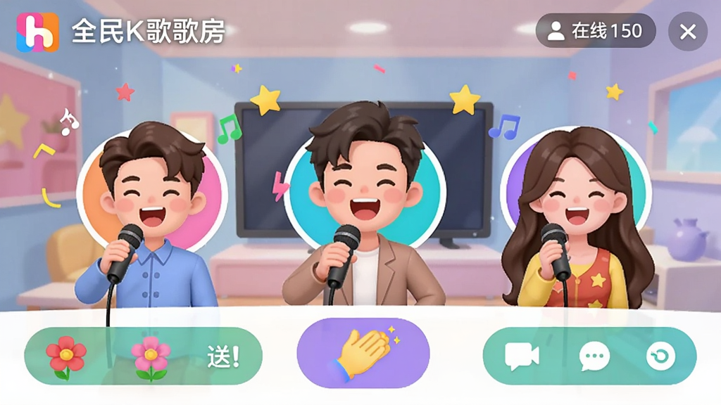 ȫ��K��跿���棬��ʾ�������󳪸�����ⷿ�䣬�����з������ƺ������������м��Ǽ�����ͨͷ�����ڡ��ݳ������ײ����ͻ������ƵȻ�����ť�������Χ�������֣�ɫ����������������������ȫ��K����罻������ɫ��