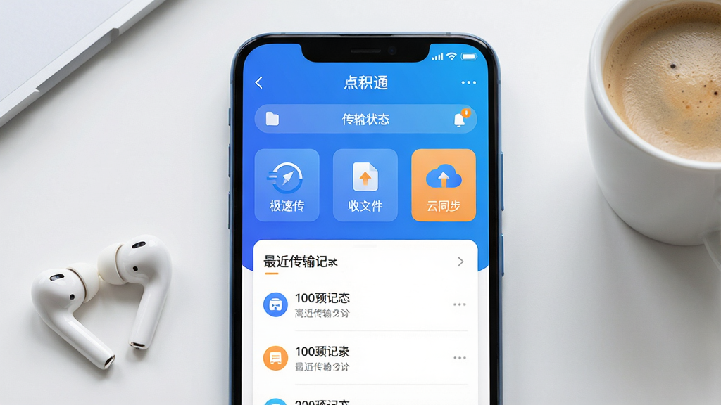 图片居中显示,主体为一部安卓智能手机,屏幕正面展示“点积通”应用主界面,界面布局清晰,上方为蓝色渐变的文件传输状态栏,中间有几个大图标按钮,分别标注“极速传”、“收文件”、“云同步”,下方为白色卡片式的最近传输记录列表。整体风格扁平化、现代简洁,色彩以蓝白为主,搭配少量橙色点缀,画质高清,渲染细腻,干净无多余元素,手机旁放着一个无线耳机和一杯咖啡,暗示高效便捷的办公场景。
