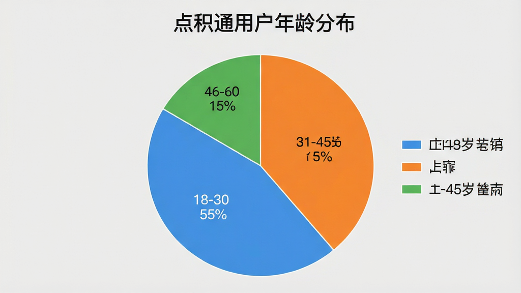 一张饼状图,标题为“点积通用户年龄分布”,图中显示18-30岁用户占比55%,31-45岁用户占比30%,46-60岁用户占比15%。饼状图配色清新,使用蓝、橙、绿三色区分,图例清晰,背景为浅灰色,风格简约商务,画质干净无多余元素。