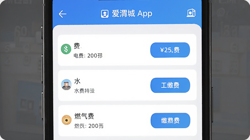 ��μ��App����ɷѽ��棬չʾ��ѡ�ˮ�ѡ�ȼ�����б���ÿ���н��ͽɷѰ�ť��������������ʹ���ֻ�֧�����������ʸɾ����޶���Ԫ�ء�