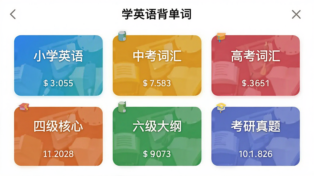ͼƬչʾ��ѧӢ�ﱳ���ʡ�Ӧ���еĴ����б�ҳ�棬�����š�СѧӢ������п��ʻ㡱�����߿��ʻ㡱�����ļ����ġ�����������١������������⡱�Ȳ�ɫ��Ƭͼ�꣬ÿ�ſ�Ƭ�·���ʾ����������Ϊ��ɫ���������룬����ƽ�ִ������ʸɾ���