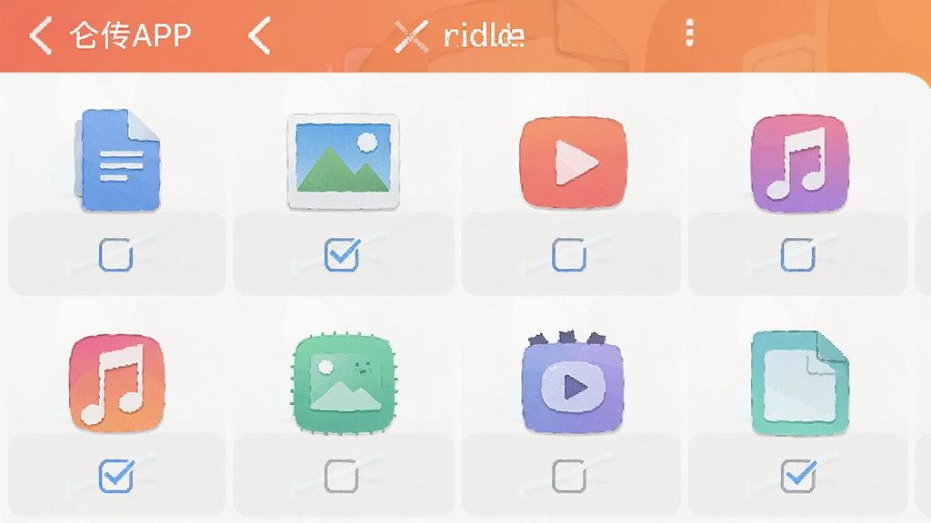 չʾ�ش�APP���ļ�ѡ����棬�б��а����ĵ���ͼƬ����Ƶ�����ֵȸ����ļ�ͼ�꣬ÿ��ͼ���·��й�ѡ�򣬽������������ļ�����һĿ��Ȼ������ƽ�����ʸɾ���