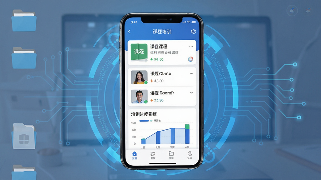 һ��չʾԱ����ѵƽ̨APP���Ľ���ĸ���ͼƬ���������ֻ���Ļ����ʾ�γ��б�����ѵ����ͼ��������Ϊ�ֻ�����չʾ����Χ�м�����ɫ�Ƽ��й�Ч���Ű��ִ���ƽ�����רҵ���׺ͣ�ϸ�ڰ������汳���ϵ��ļ���ͼ�꣬���ʸɾ��޶���Ԫ��