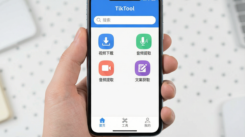 һ�������ֻ���Ļ��ͼ����Ļ��������ʾ��TikTool�������棬���������ִ���������Ϊ��ɫ�����Ϸ����������м����������š���Ƶ���ء�������Ƶ��ȡ�������İ���ȡ���Ȳ�ɫ����ͼ�꣬�ײ��С���ҳ���������ߡ������ҵġ�����ѡ������廭�ʸɾ��������޶���Ԫ�أ�����ƽ����ƣ�ͻ����TikTool��������