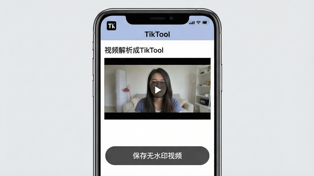 һ���ֻ�����������ʾͼ���ֻ��ϴ򿪡�TikTool��Ӧ�ã���ʾ��Ƶ�����ɹ�ҳ�棬��ƵԤ��ͼ�����ɼ����·��С�������ˮӡ��Ƶ���Ĵ�ť������Ϊǳ��ɫ�����岼�ָɾ����ص�ͻ����TikTool�����棬�����޶���Ԫ�أ����дʵ������