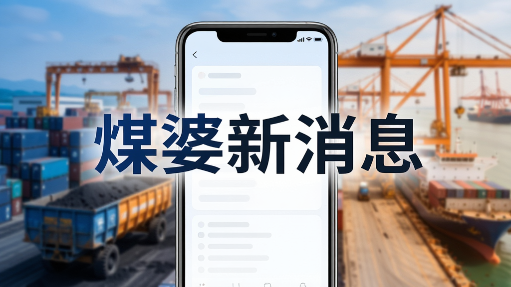 一幅以智能手机为主体的宣传海报,屏幕上清晰显示“煤婆新消息”几个大字,界面风格简洁现代,背景是煤炭运输和港口堆场的模糊景象,整体色调以蓝白和暖橙色为主,突出煤炭行业专业感,布局均衡,画质高清,干净无多余元素。