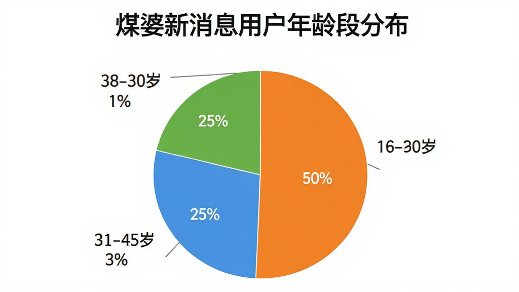 一张饼状图,展示不同年龄段用户使用煤炭行业软件的比例,年龄段分为18-30岁、31-45岁、46-60岁,分别占比为25%、50%、25%,图表配色清晰,标注准确,标题为“煤婆新消息用户年龄段分布”,风格简约,画质干净,无多余元素。