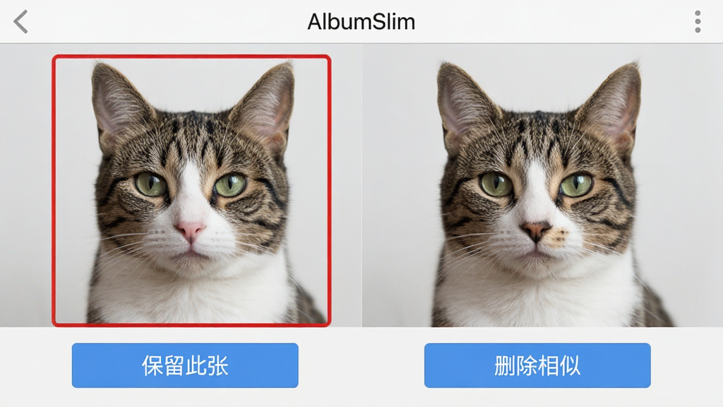 AlbumSlim�������ֻ��ϵ����н��棬��Ļ��չʾ�����ż���һģһ����è����Ƭ���ŶԱȣ�����һ�ű���ɫ�߿�ѡ�У��ײ��С��������š��͡�ɾ�����ơ��İ�ť��������Ƽ�࣬����Ϊǳ��ɫ����ťΪ��ɫ������ָ�����������廭�ʸɾ�����ͼ���࣬ϸ��չʾ������������ơ�AlbumSlim���ڽ��涥���ĵ������У���ƽ����Ʒ��ɫ�ʴ������ʣ������޶���Ԫ�ء�