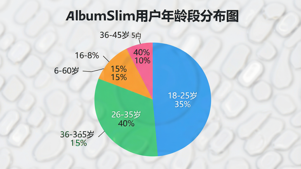һ�ű�״ͼ��չʾAlbumSlim�û�����ֲ���18-25��ռ35%��26-35��ռ40%��36-45��ռ15%��46-60��ռ10%��ͼ��ɫ�����ޣ�ÿ��������ע����������Ϊǳ��ɫ������Ϊ��AlbumSlim�û�����ηֲ�ͼ��������ִ���Լ�����ʸ��壬��������Ϣ��