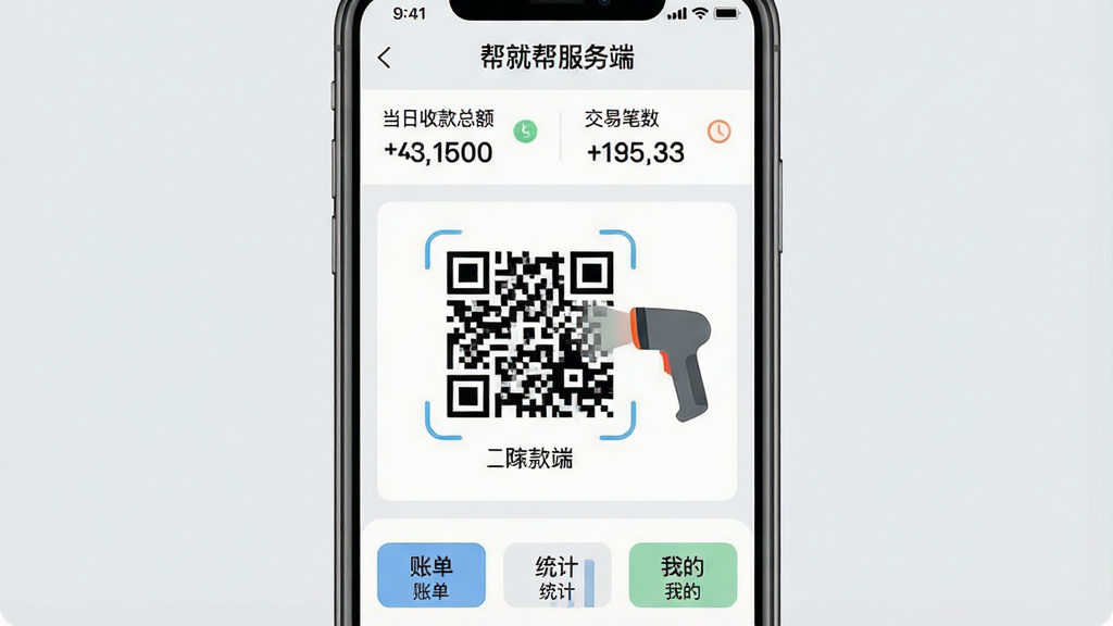 一张手机应用界面的概念图,主体展示“帮就帮服务端”的首页,设计简洁现代,背景为浅灰色,页面顶部显示当日收款总额和交易笔数,中间是一个大的收款二维码和扫码枪的图标,下方排列着账单、统计、我的三个按钮,整体布局清晰,文字标签明确,画质干净,风格扁平化,无多余元素