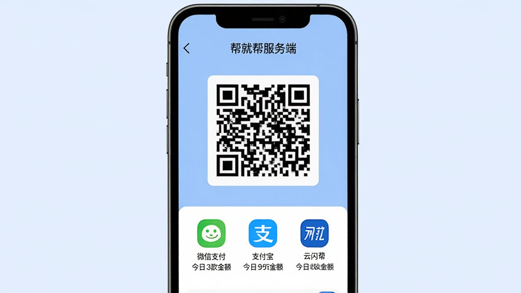一张展示聚合收款功能的界面设计图,主体是手机屏幕,屏幕内显示“帮就帮服务端”的收款页面,包含一个大的二维码,下方有微信支付、支付宝、云闪付三个图标,每个图标下有一行小字显示该渠道今日收款金额,背景为淡蓝色,排版整齐,风格现代简洁,画质清晰,无多余元素