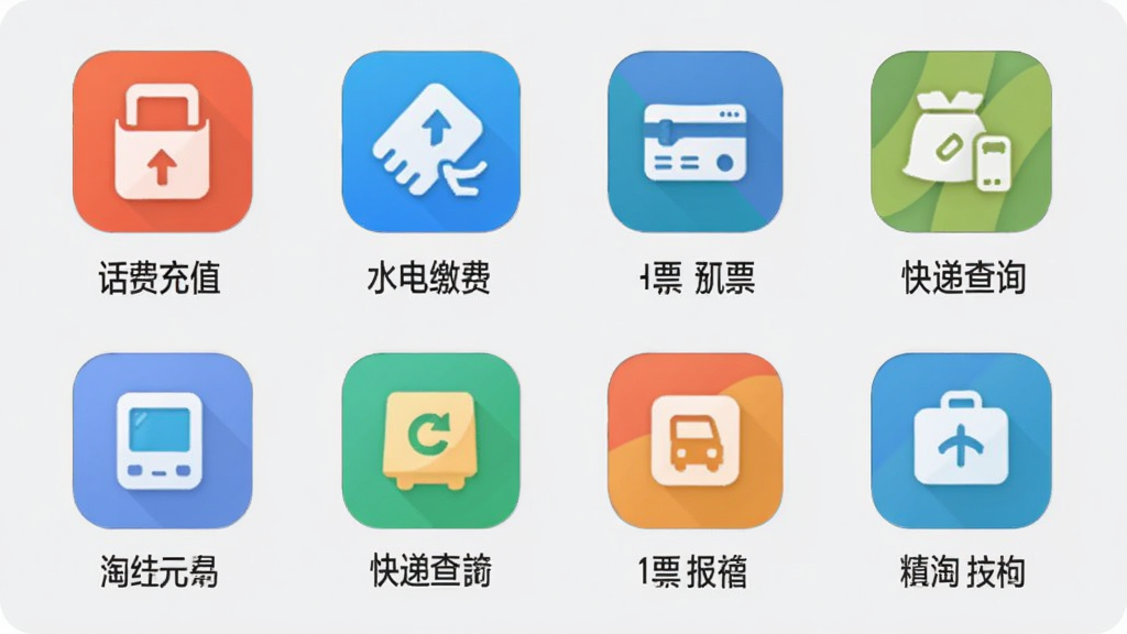 ��������App�Ĺ��ܾۺ�ҳ�棬��Ļ�����������Ÿ����������ͼ�꣬�������ѳ�ֵ��ˮ��ɷѡ���ƱԤ������ݲ�ѯ�ȣ�ÿ��ͼ���·������ı�ǩ������Ϊǳ��ɫ�������Ű�������ͼ��ɫ�ʷḻ�������ң��ִ���ƽ��񣬻��ʸɾ��޶���Ԫ��