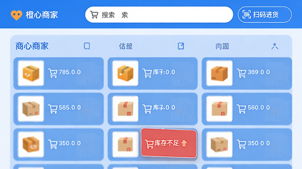�������̼ҡ�������ҳ�棺��Ʒ�б�������ÿ����Ʒ���п�����֣�����һ�������ʾ����治�㡱��ҳ�涥����������͡�ɨ���������ť������ֱ�ۣ�����ɫ������ƽ����ƣ�����չʾ������Ϣ��