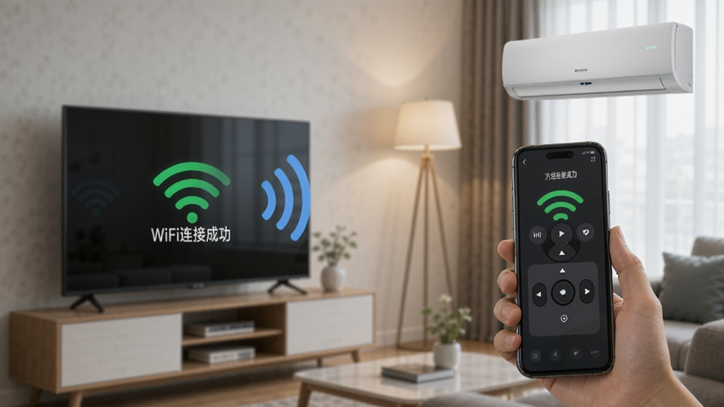 һ�š�����ң��������䡱WiFi���ӳ���ͼ���ֻ���Ļ��ʾ��WiFi���ӳɹ������Ա������ܵ��ӺͿյ�������Ϊ�ִ�������������ͣ����дʵ������������ͻ���ֻ���ҵ����������״̬���޶���Ԫ�ء�